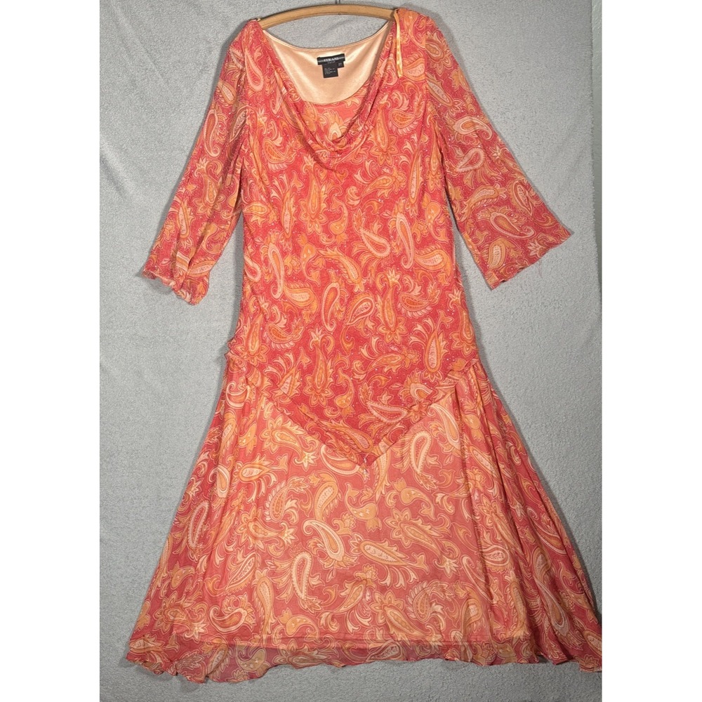 Terani Couture 100% Silk Beaded Paisley Maxi Dress Orange Coral Plus Size 22 - Picture 2 of 16